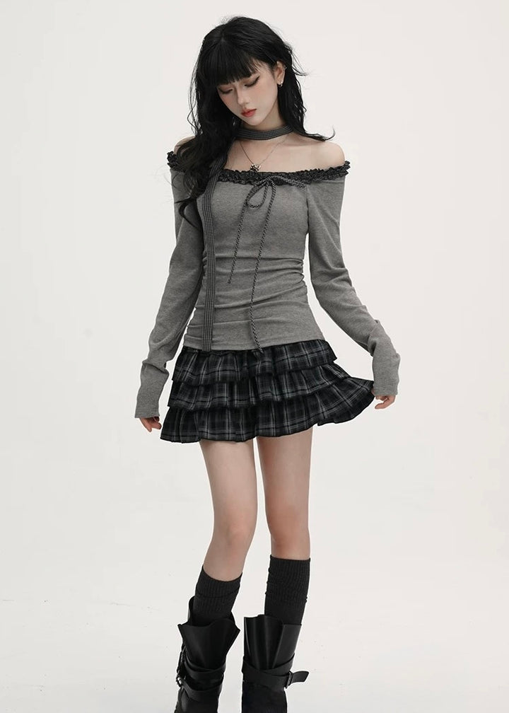 Dark Check Tiered Mini Skirt / lg1375