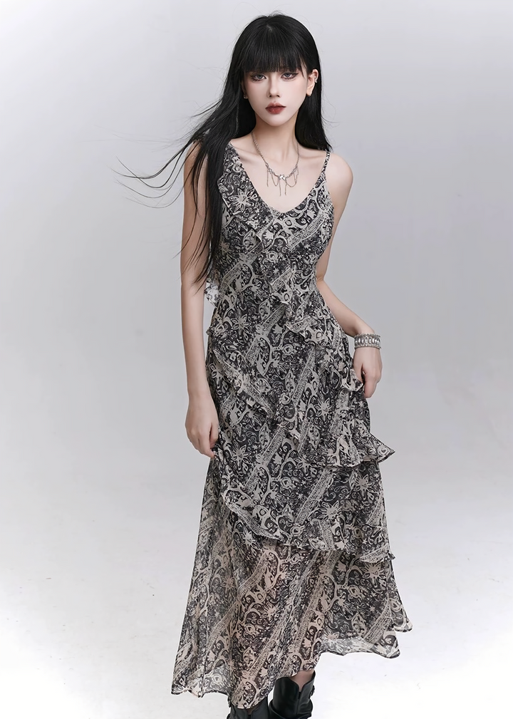 Grey tie-dye x tulle drape dress / lg1312 