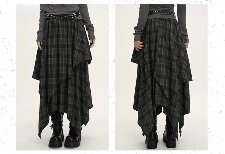 ASYMMETRIC CHECK DRAPE SKIRT / LG1539