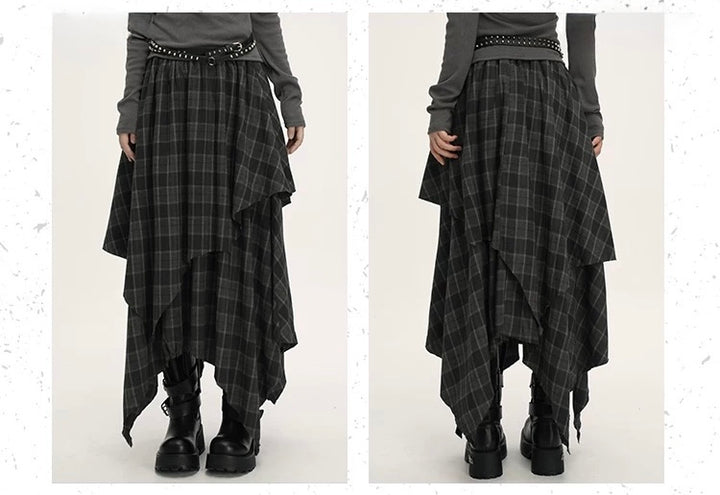 ASYMMETRIC CHECK DRAPE SKIRT / LG1539