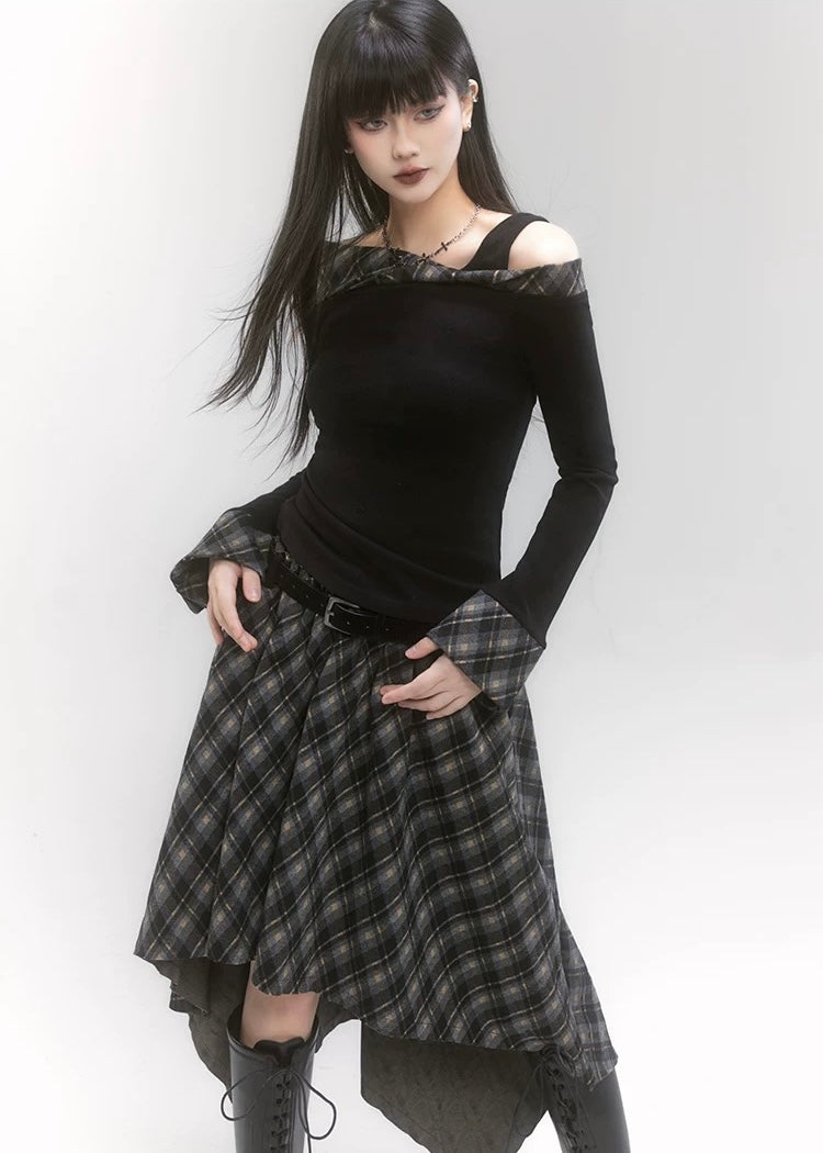 off shoulder check top &amp; unbalanced check skirt / LG1189 