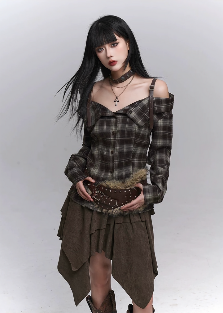 Plaid Off-Shoulder Strap Shirt / lg1366