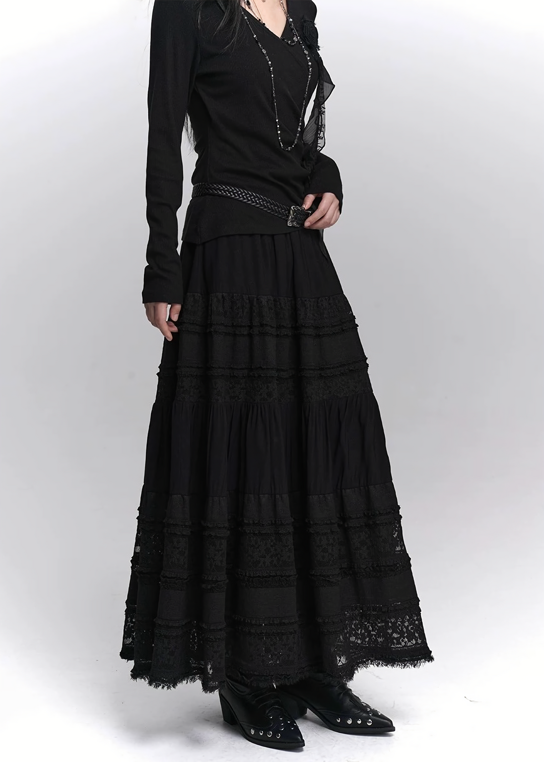 LACE TIERED LONG SKIRT / LG1412_e4r
