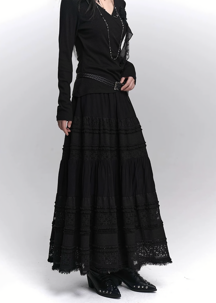 LACE TIERED LONG SKIRT / LG1412_e4r