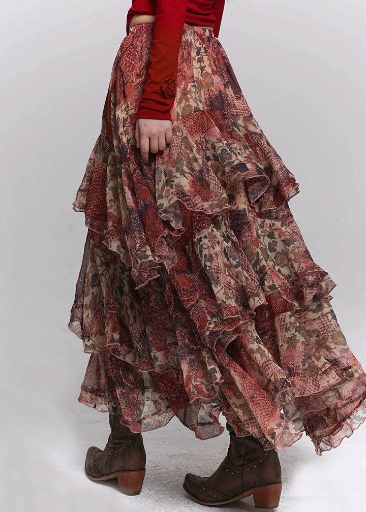 RED FLORAL TIERED LONG SKIRT / LG1501