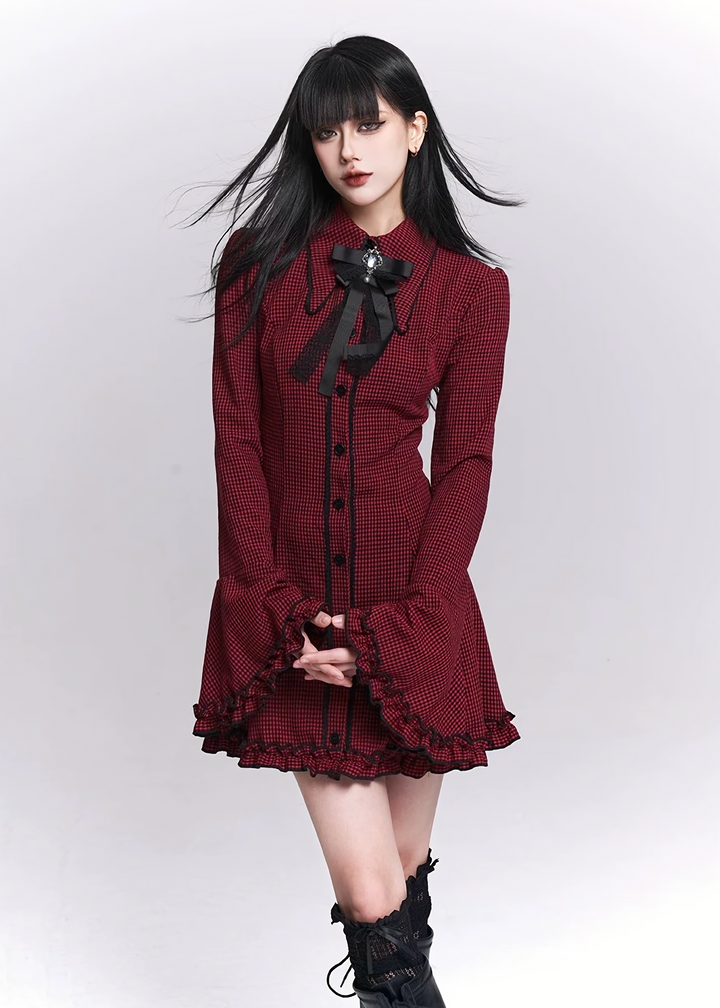 Flare Sleeve Check Shirt Dress / LG1518