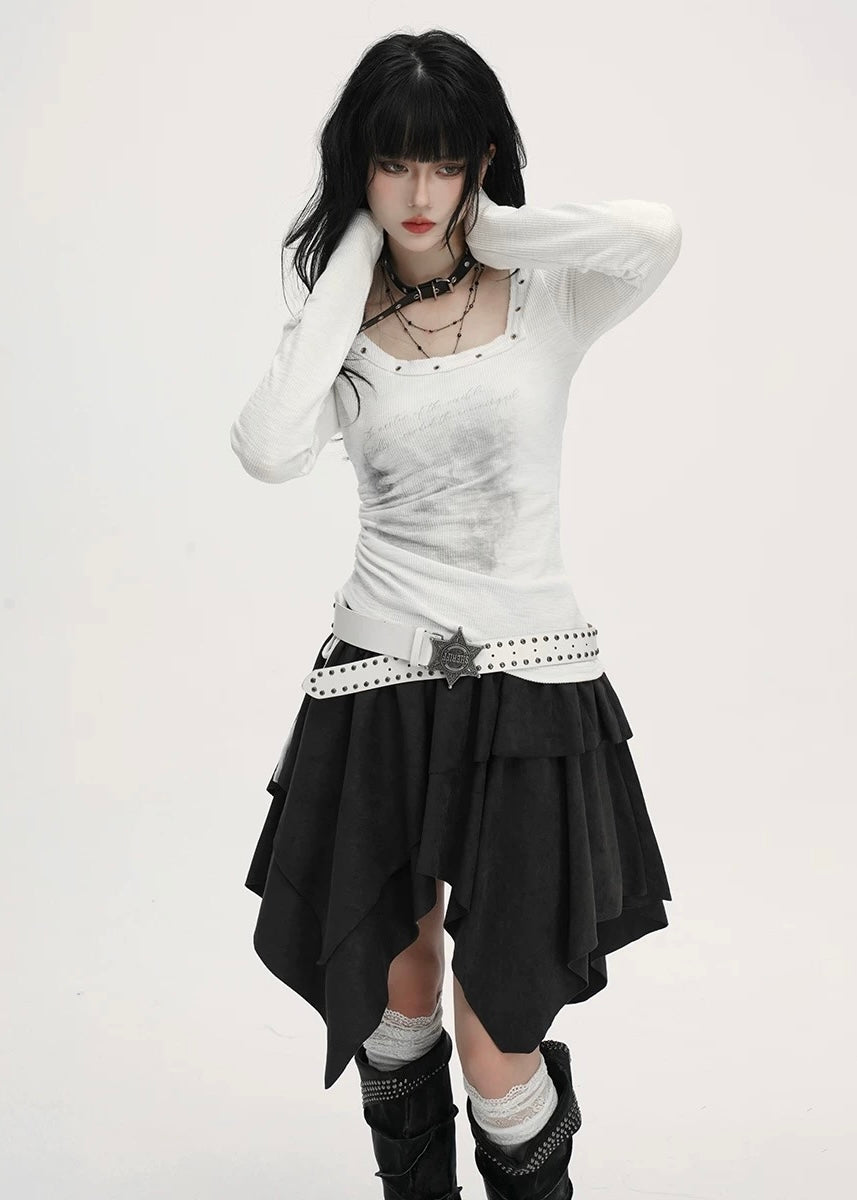 ASYMMETRY SUEDE LAYERED SKIRT / LG1397