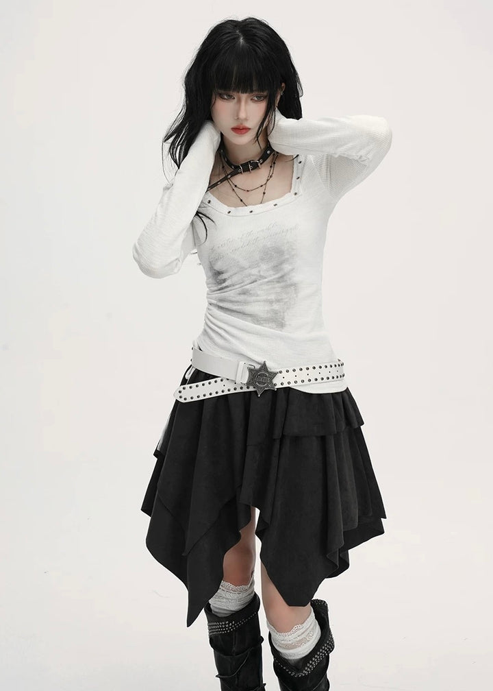 ASYMMETRY SUEDE LAYERED SKIRT / LG1397