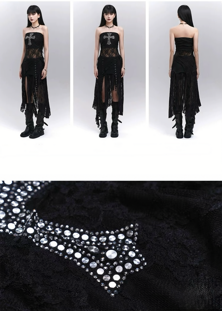 Sequin Cross Lace Tube Top / LG1280