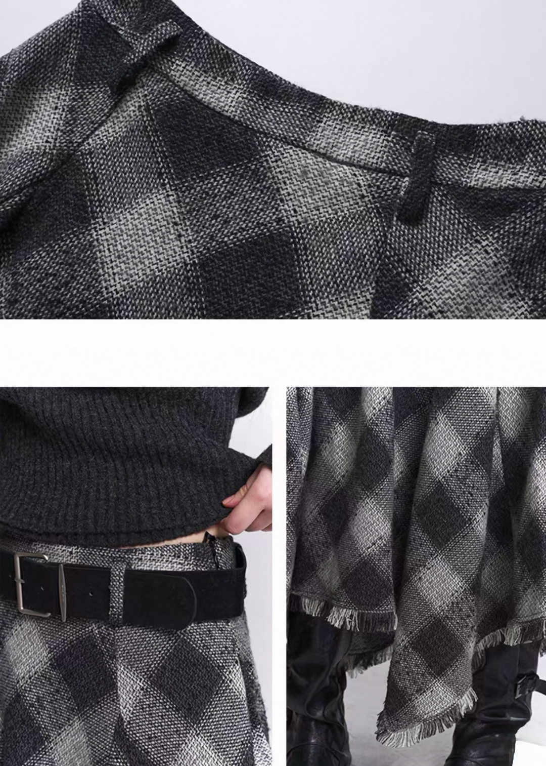 BLACK & GREY CHECK IRREGULAR MIDI SKIRT / LG1533