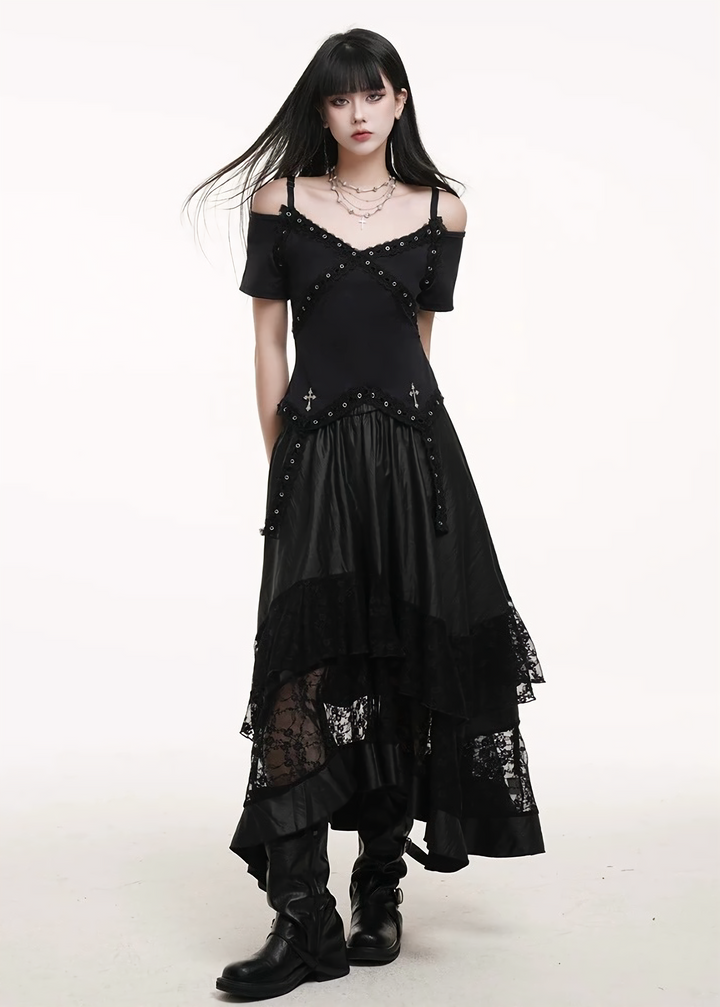 Off-the-shoulder cross rivet top &amp;amp; Lace Patchwork Solid Color Skirts / lg1254 