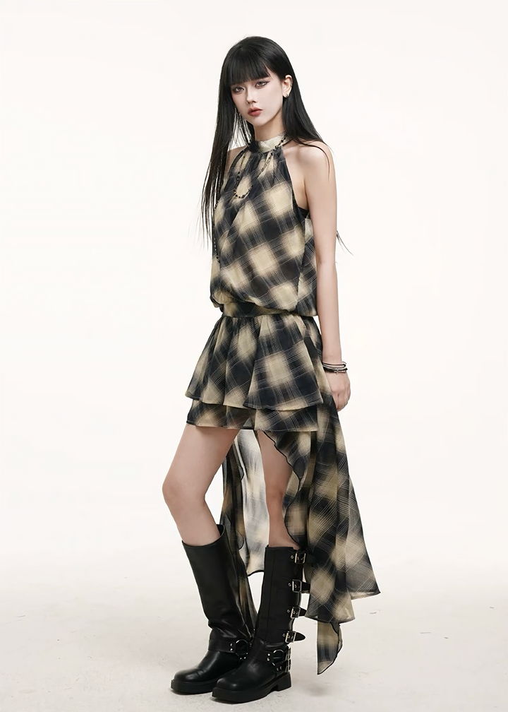 Chiffon halter neck asymmetric dress / lg1317