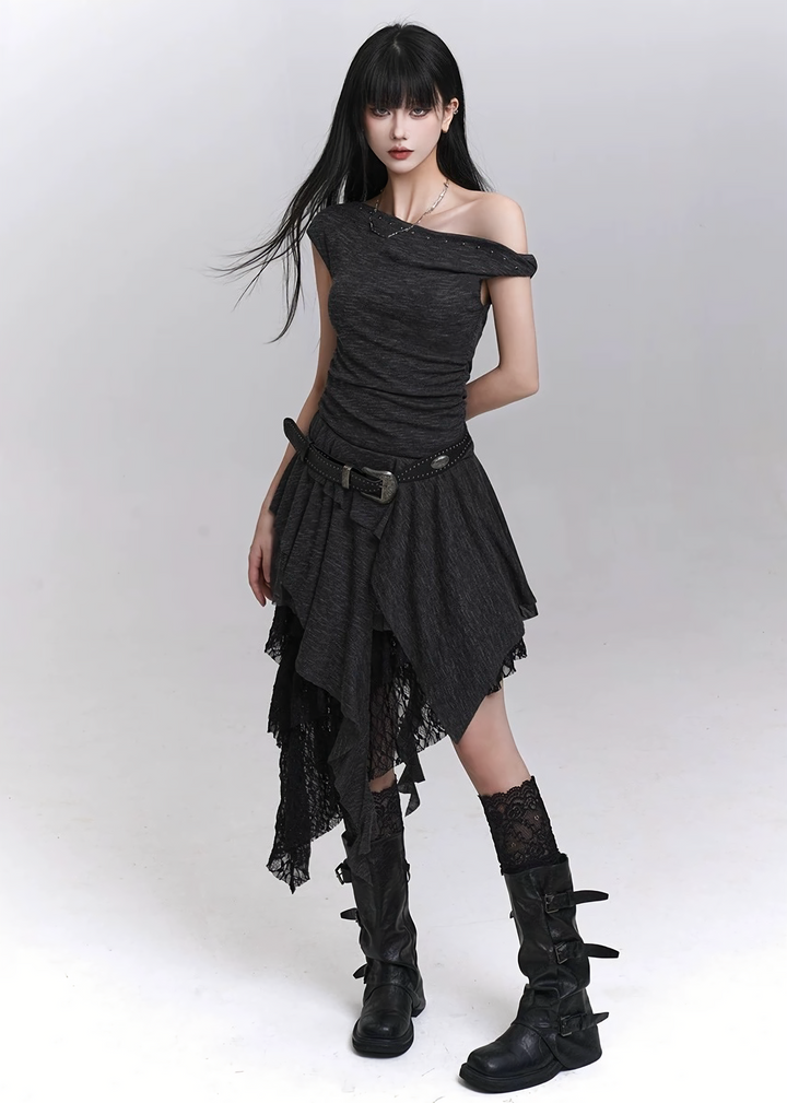 Asymmetrical layered off-shoulder dress / lg1318