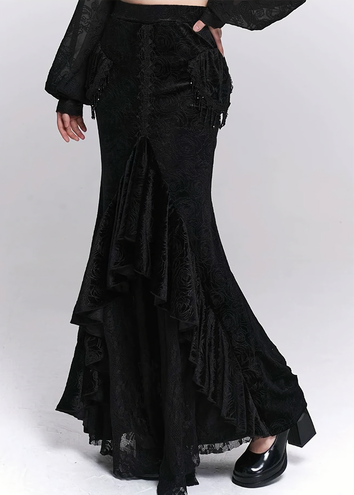 Black Jacquard Fishtail Long Skirt / LG1521