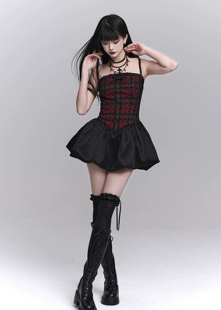 checkered suspender short dress / LG1246