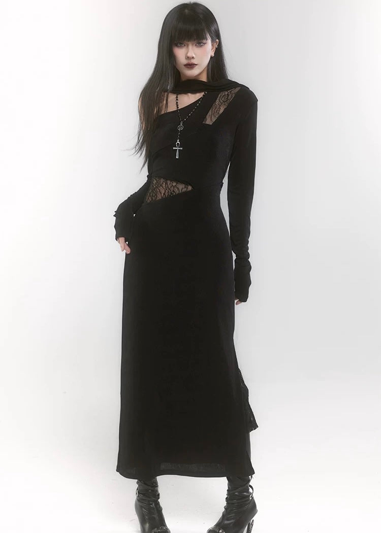 【당일 배송】one shoulder scarf dark dress / LG1190