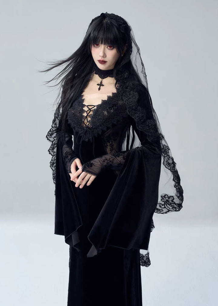 VELVET LACE-UP LACE PANEL LONG DRESS / LG1729