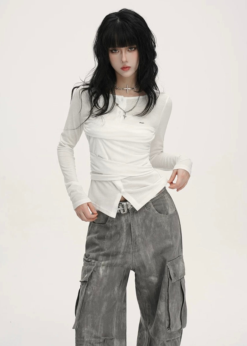 Henley Neck Drawstring Tops / LG1394