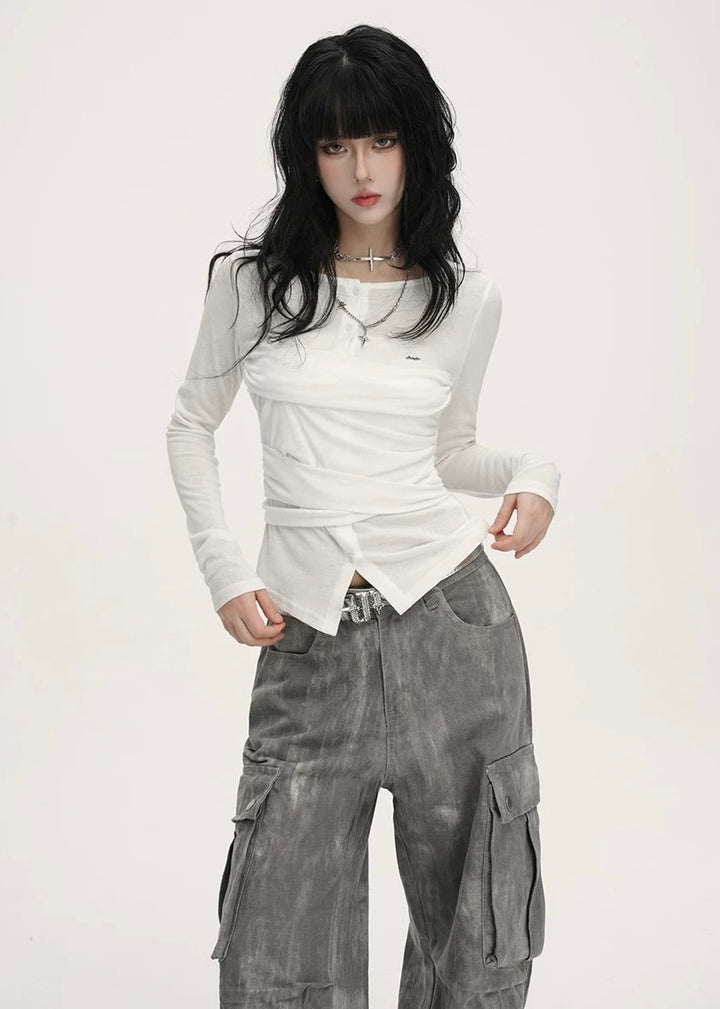 Henley Neck Drawstring Tops / LG1394