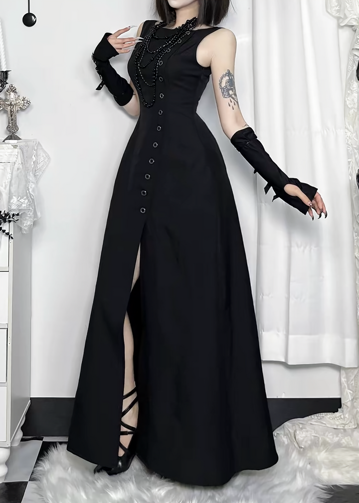 DARK BUTTON SLIT SLEEVELESS LONG ONE-PIECE / LG1696
