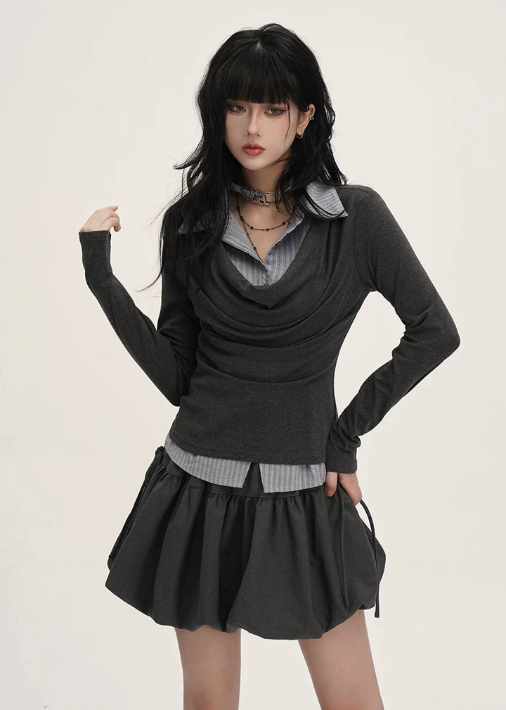 DRAPED COLLAR LAYERED TOP / LG1541