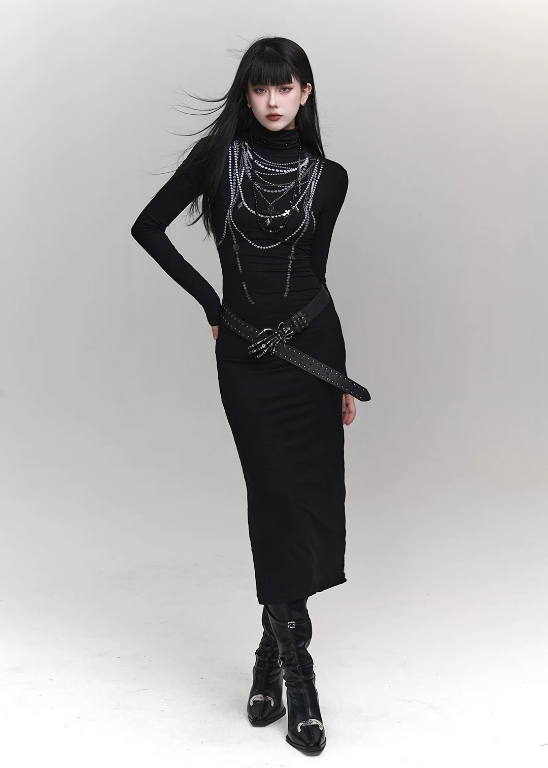 CHAIN DETAIL DARK LONG DRESS  / LG1420