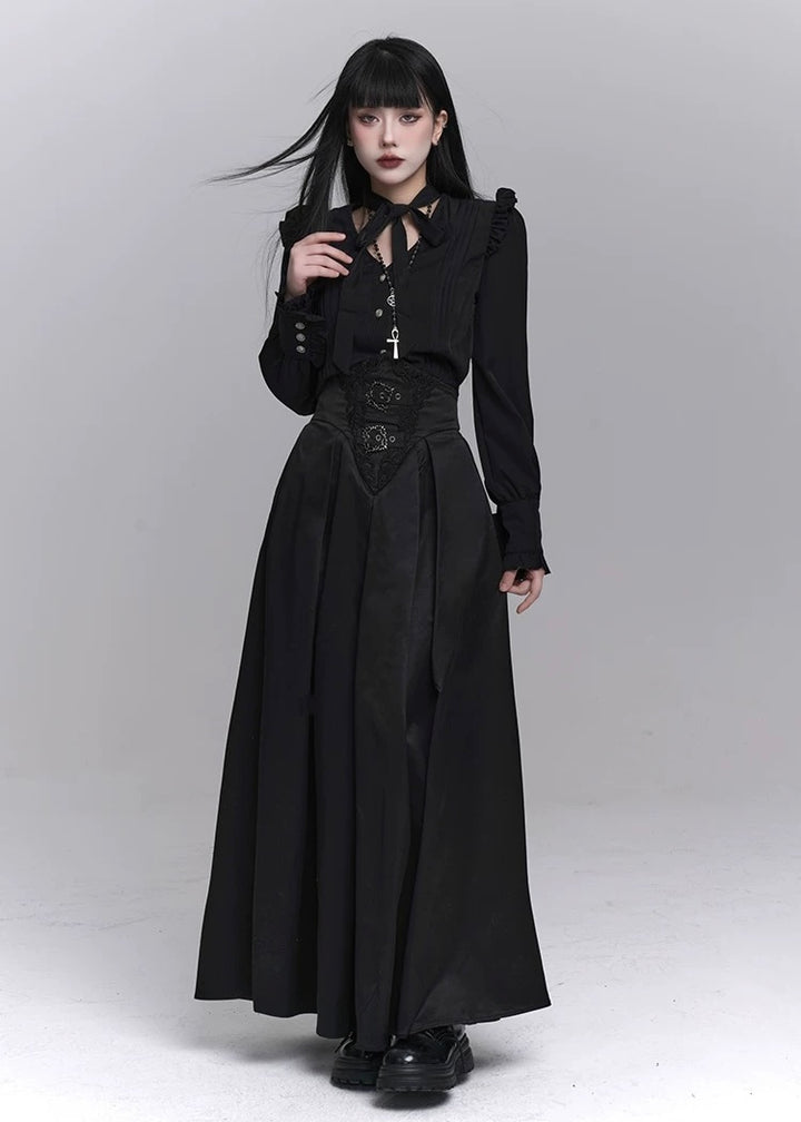 frill blouse &amp; high waist pleated long skirt / LG1224