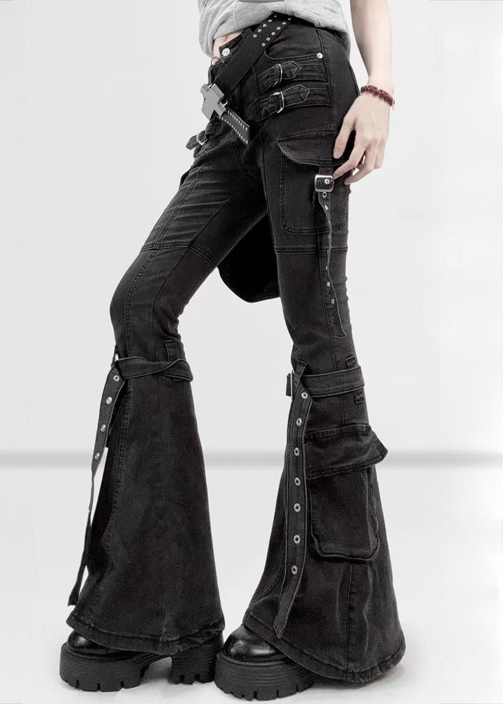 DARK WASHED BUCKLE FLARE CARGO PANTS / LG1683