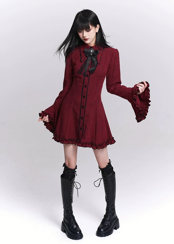 Flare Sleeve Check Shirt Dress / LG1518