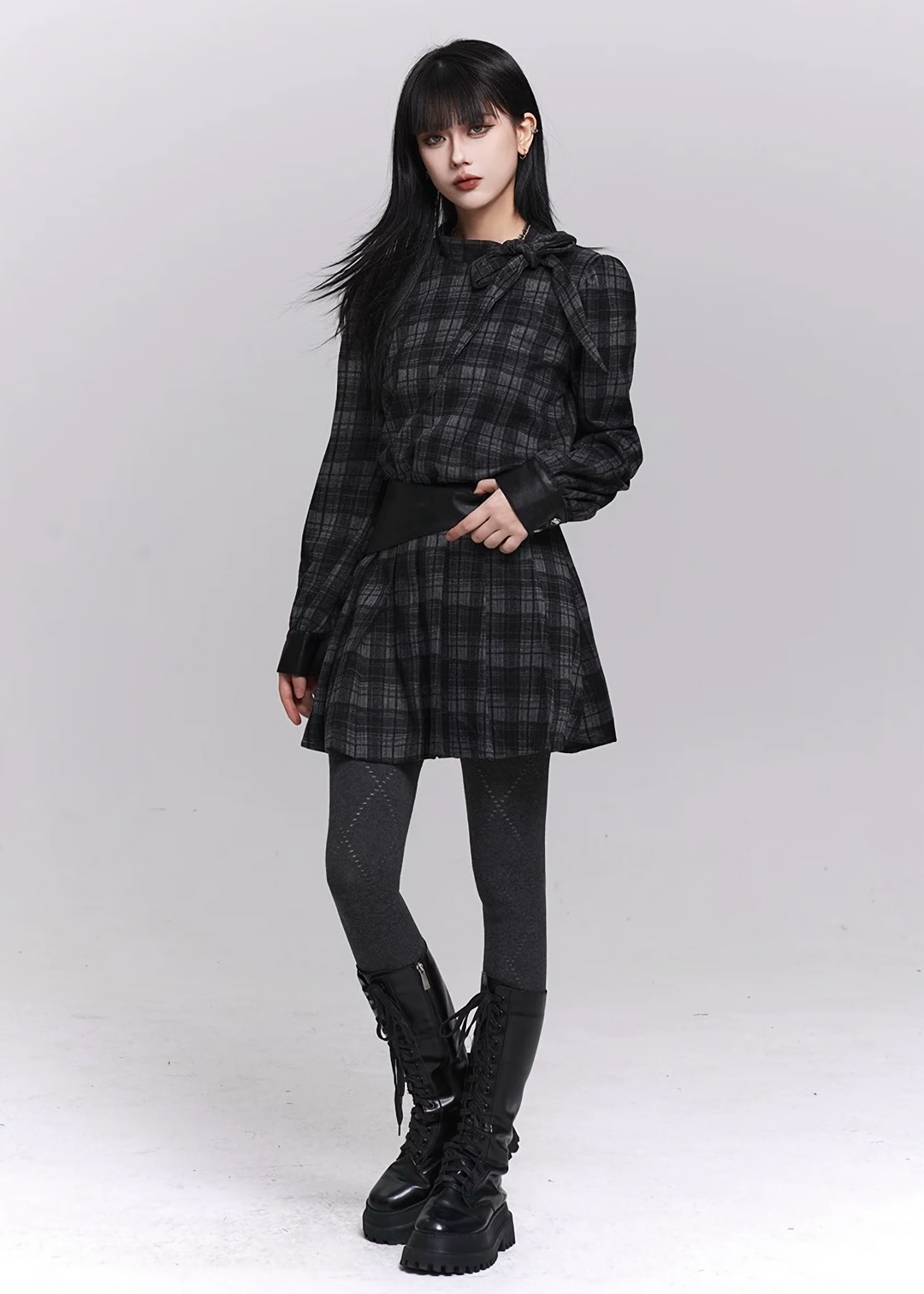 GHOSTLY CHECK RIBBON MINI DRESS / LG1490