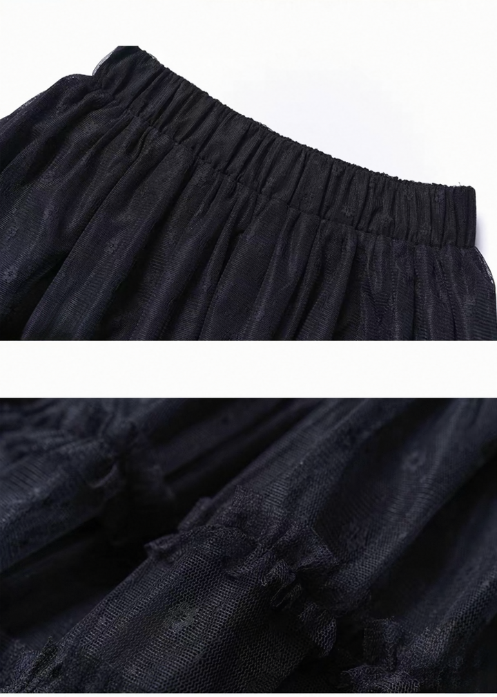 BLACK LACE TIERED MESH SKIRT / LG1531_e4r