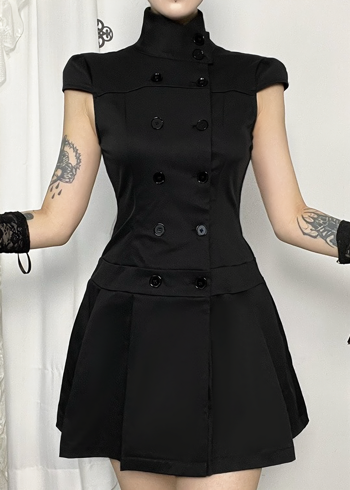 DARK DOUBLE-BREASTED PLEATED MINI DRESS / LG1694