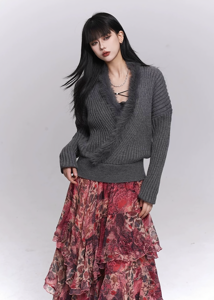 SOFT FUR TRIM V-NECK KNIT SWEATER / LG1500