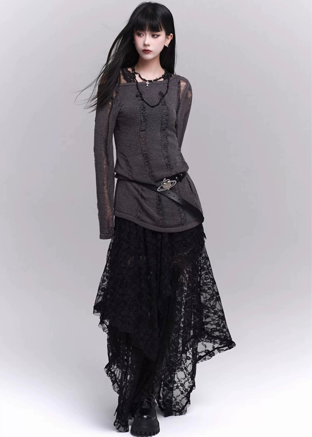 【당일 배송】black lace irregular long skirt / LG1199 