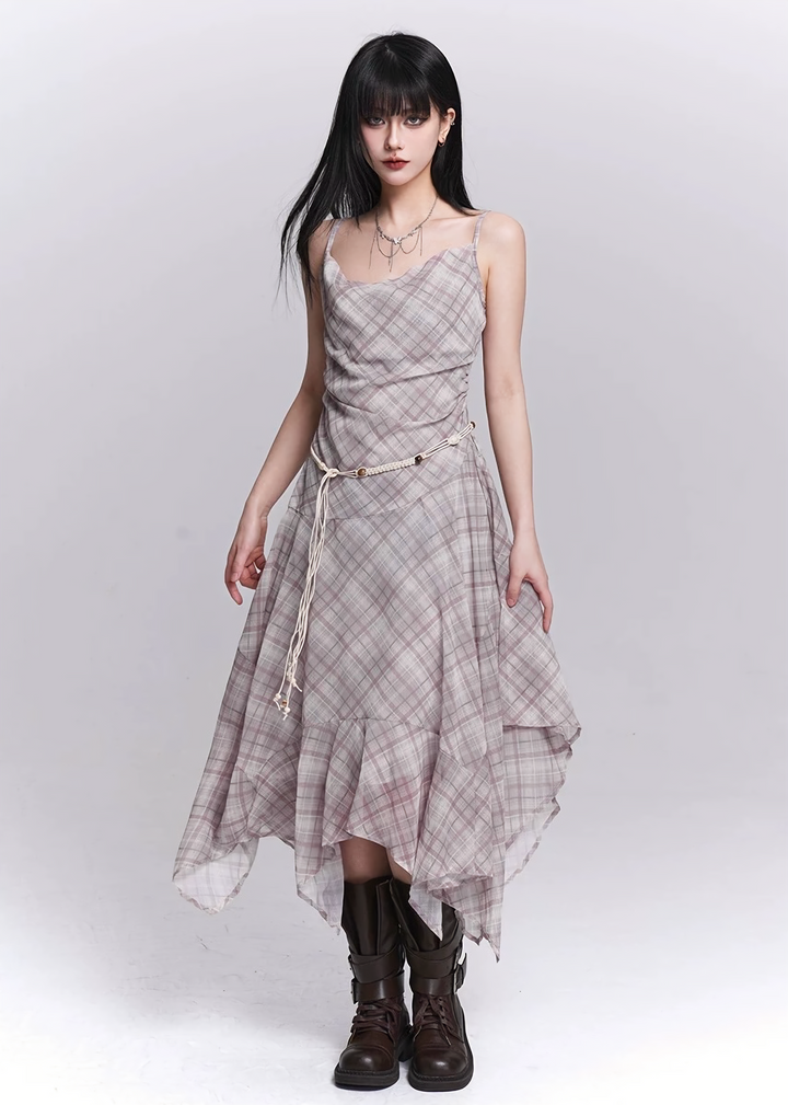 PLAID DRAPE IRREGULAR DRESS / LG1545