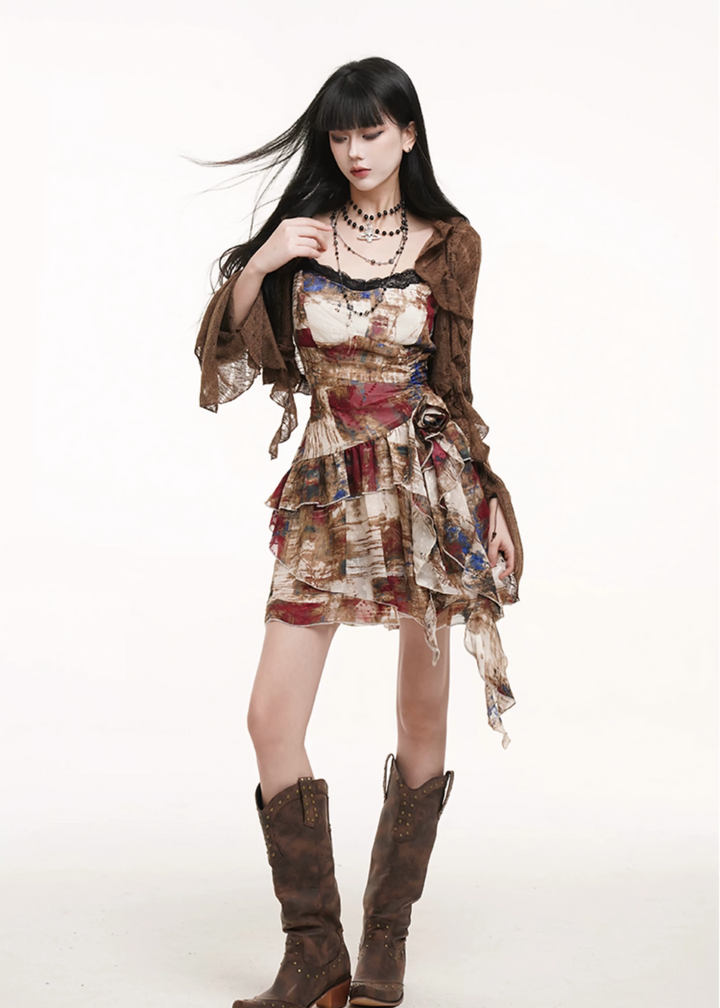 Art Print Frill Cami Dress / lg1320 