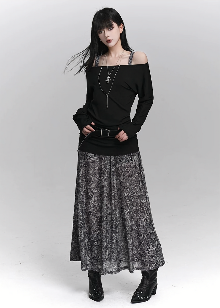 ASYMMETRY OFF-SHOULDER TOP &amp;amp; PAISLEY LONG SKIRT SET / LG1419_e4r