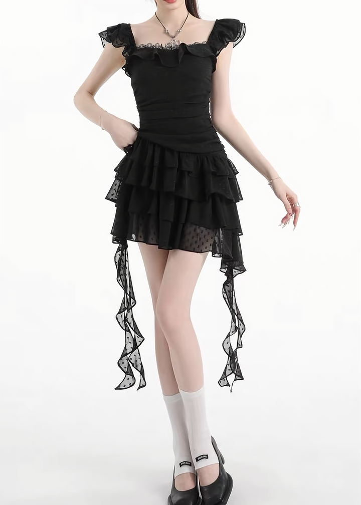 DARK FRILL LAYERED MINI DRESS / LG1628