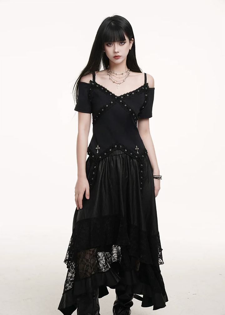 Off-the-shoulder cross rivet top &amp;amp; Lace Patchwork Solid Color Skirts / lg1254 