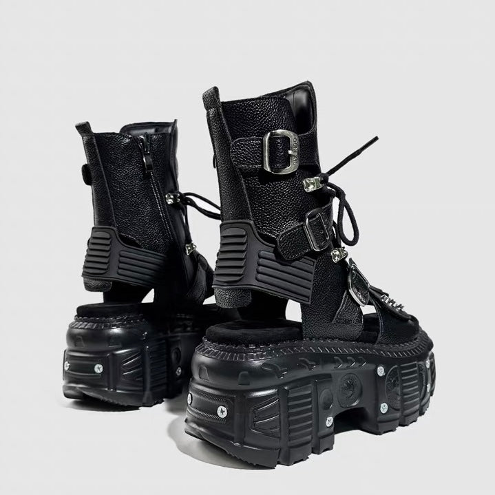 DARK TECH BUCKLE PLATFORM SANDAL BOOTS / V1174