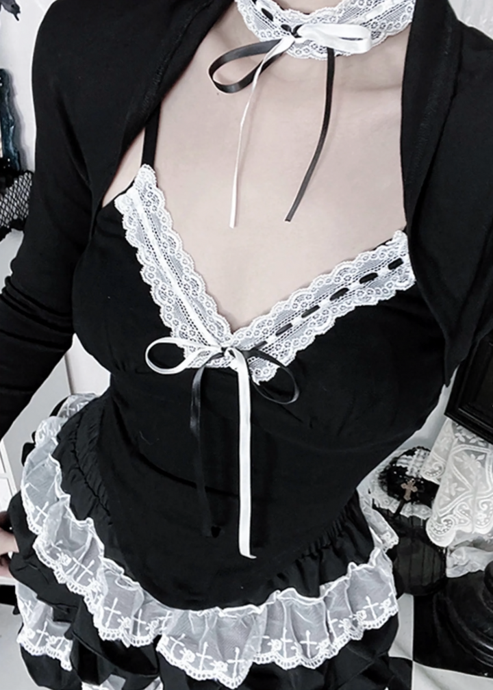 BLACK LACE RIBBON LAYERED TOP / LG1577