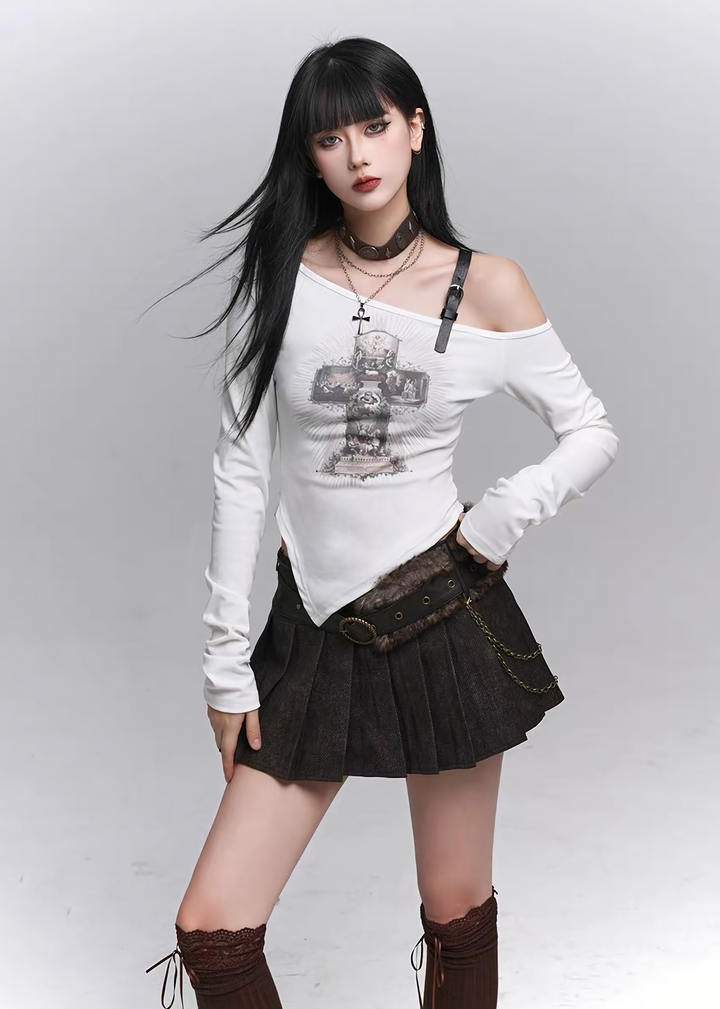 CHAIN BELT PLEATED MINI SKIRT / lg1333