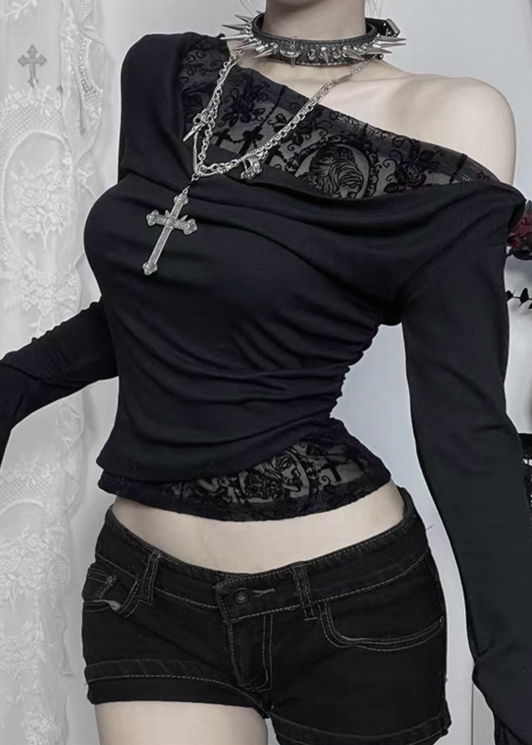 GOTHIC DRAPE ONE SHOULDER LACE TOP / LG1559