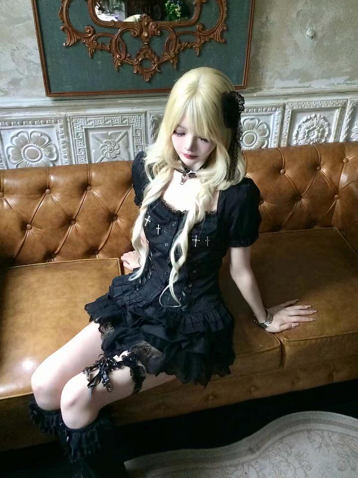 GOTHIC CROSS LACE-UP PEPLUM TOP / LG1671