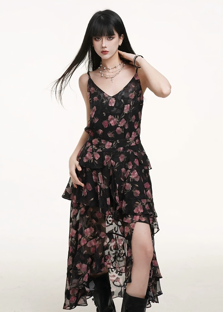 Rose print sheer cami dress / lg1262 