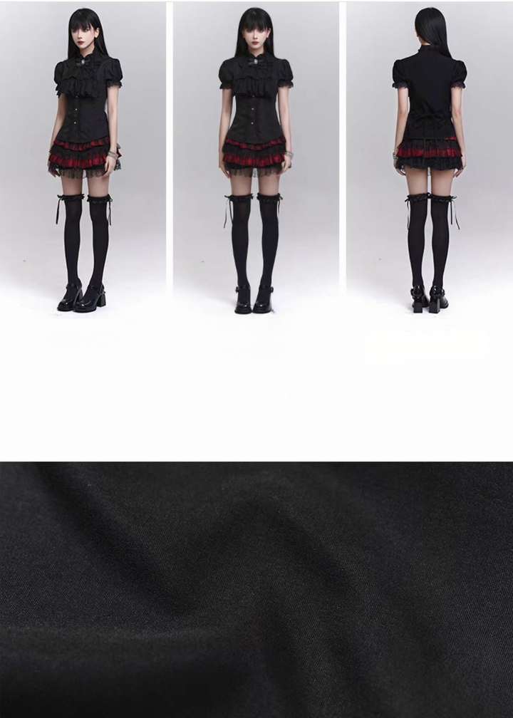 Lace-trimmed puff sleeve shirt / LG1301 
