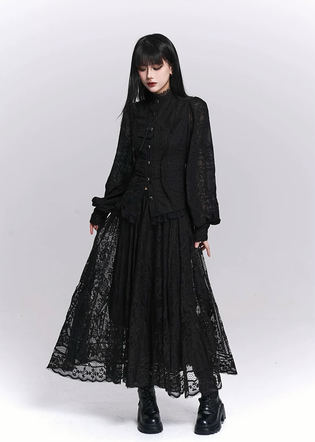 Black Lace A-Line Pleated Long Skirt / LG1522