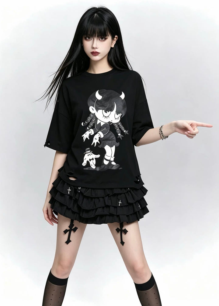 DARK DEMON GIRL PRINT OVERSIZE T-SHIRT / LG1632