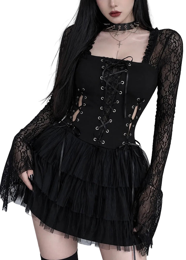 GOTHIC LACE-UP TULLE MINI DRESS / LG1634