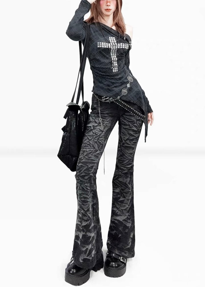 DARK RHINESTONE CROSS ASYMMETRIC TOP / LG1681
